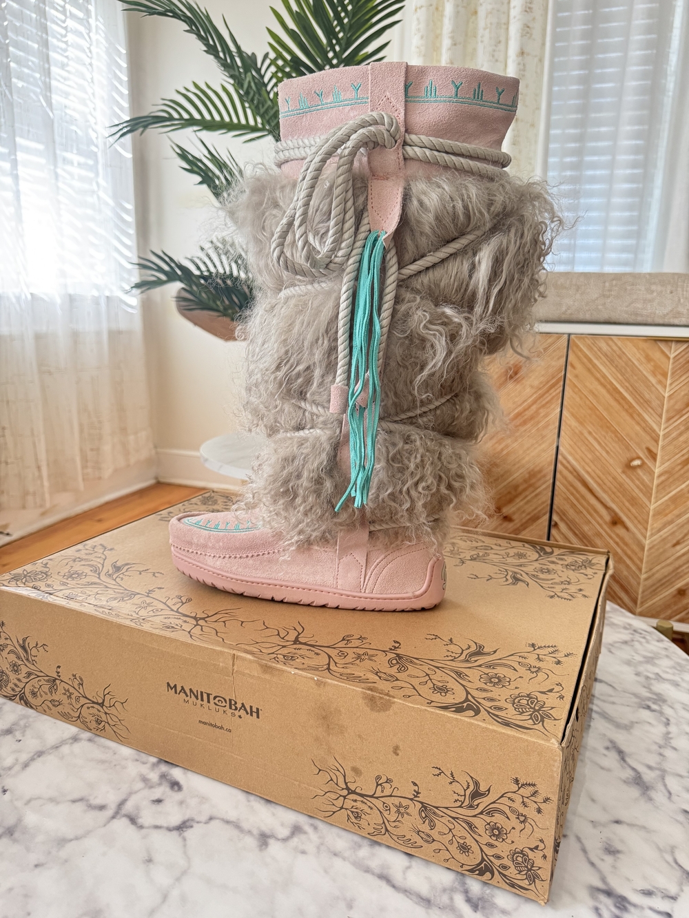 Manitobah Pink Shearling Fur Knee Boot with Turquoise Tassel